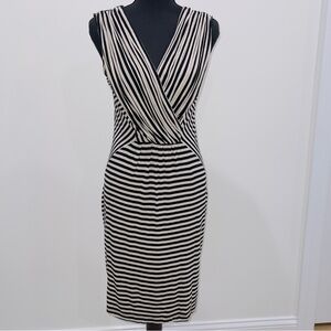 Calvin Klein Black and Cream Striped Midi Dress Size 6